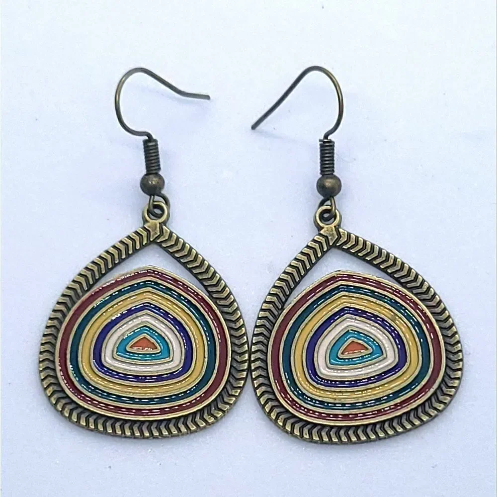 Artisan Rainbow Teardrop Earrings Antique Brass Boho Enamel Statement Jewelry